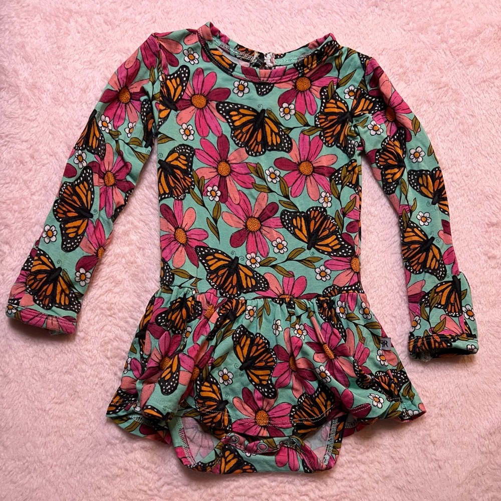 Bums & Roses Floral Butterfly Long Sleeve Bamboo Baby Twirl Onesie 3-6 Months